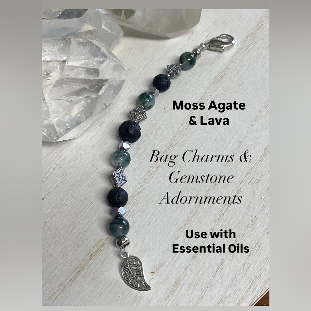 2/$30 Moss Agate & Lava Essential Oil Gemstone Bag Charm - Handcrafted